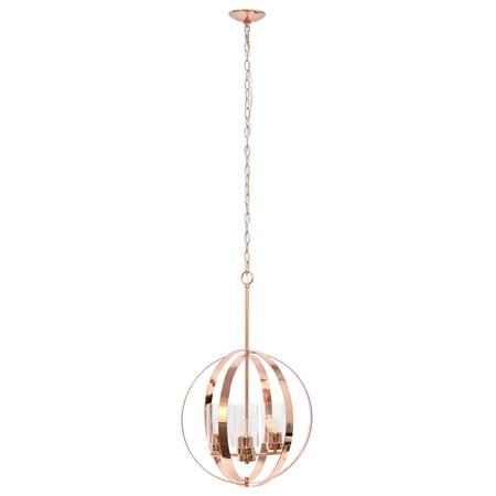 LALIA HOME 3-Light 18" Adjustable Industrial Globe Hanging Metal and Clear Glass Ceiling Pendant, Rose Gold LHP-3010-RG